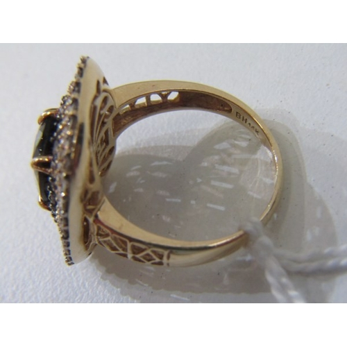 51 - SMOKY QUARTZ RING, 14ct yellow gold ring set an oval smoky quartz in 3 halos of diamonds with a 22mm... 