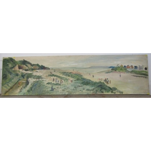 625 - FRED YATES, oil on door panel 'Panoramic Par Beach scene' (provenance acquired from the Par Inn), 54... 