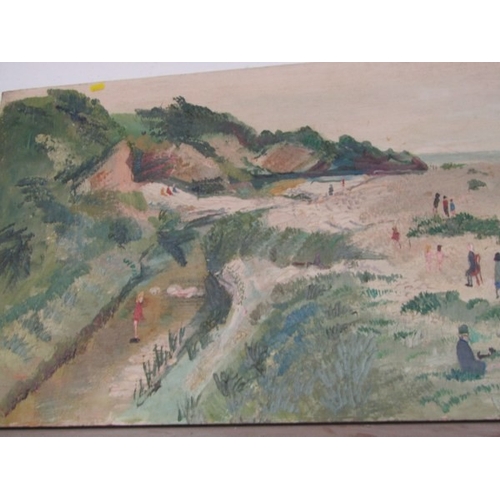 625 - FRED YATES, oil on door panel 'Panoramic Par Beach scene' (provenance acquired from the Par Inn), 54... 