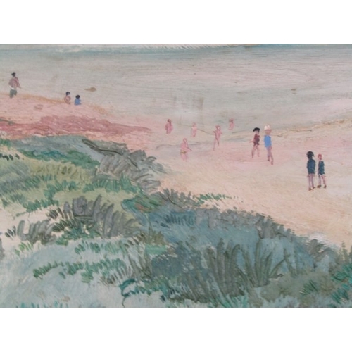 625 - FRED YATES, oil on door panel 'Panoramic Par Beach scene' (provenance acquired from the Par Inn), 54... 