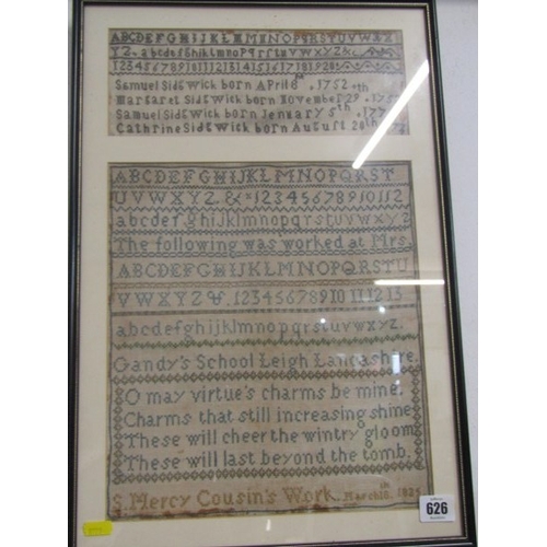 626 - NEEDLEWORK SAMPLERS, 2 framed needlework samplers, 1 from Gandy's School, Leigh, Lancashire, 1825,  ... 