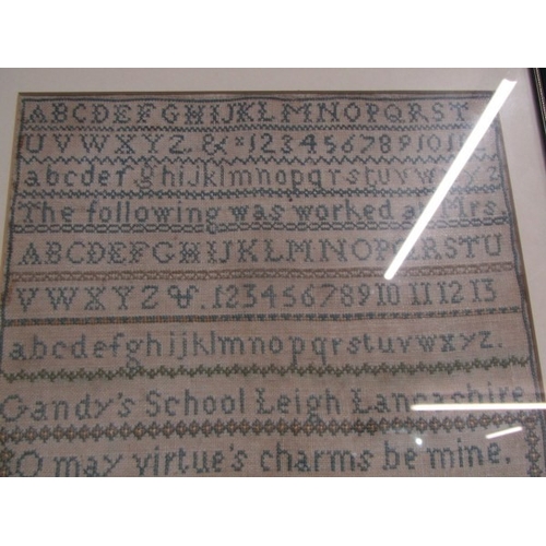 626 - NEEDLEWORK SAMPLERS, 2 framed needlework samplers, 1 from Gandy's School, Leigh, Lancashire, 1825,  ... 