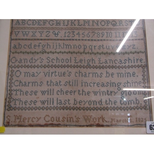 626 - NEEDLEWORK SAMPLERS, 2 framed needlework samplers, 1 from Gandy's School, Leigh, Lancashire, 1825,  ... 