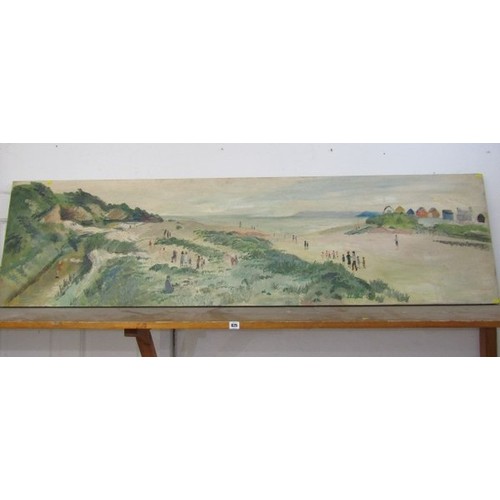 625 - FRED YATES, oil on door panel 'Panoramic Par Beach scene' (provenance acquired from the Par Inn), 54... 