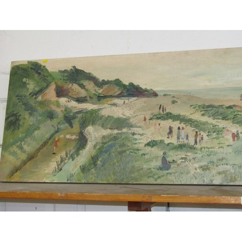 625 - FRED YATES, oil on door panel 'Panoramic Par Beach scene' (provenance acquired from the Par Inn), 54... 