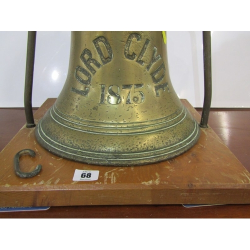 68 - SHIP'S BELL DISPLAY, mounted bronzed ship's bell 