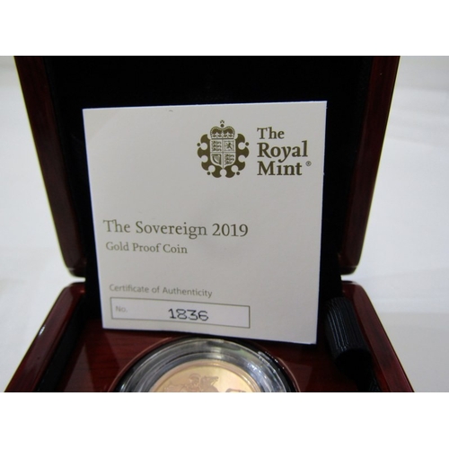 27 - 2019 gold proof sovereign, capsuled in Royal Mint box with CoA, limited edition 1836/9500.