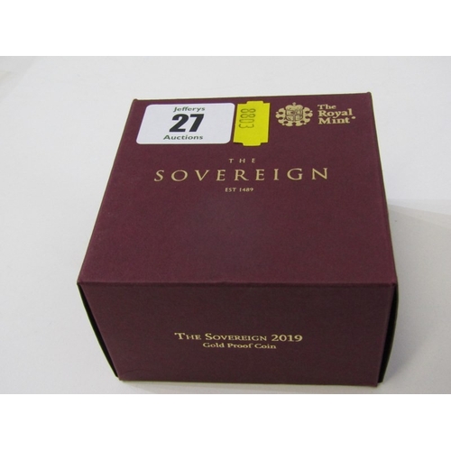 27 - 2019 gold proof sovereign, capsuled in Royal Mint box with CoA, limited edition 1836/9500.
