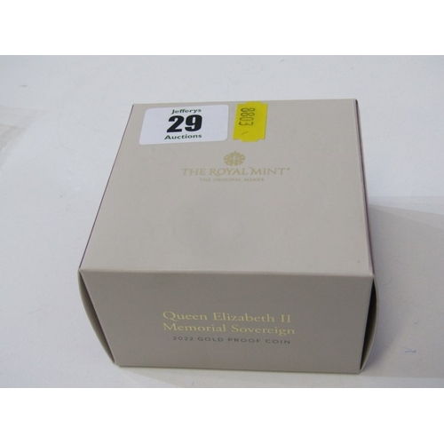 29 - 2022 King Charles gold proof sovereign, Queen Elizabeth Memorial sovereign, capsuled in Royal Mint b... 
