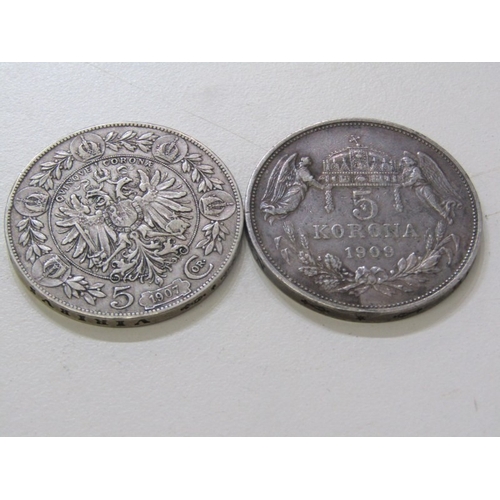 35 - 1907 Austrian Empire Franz Joseph I silver 5 Crowns, 24 grams of .900 fineness; 1909 Hungary Franz J... 
