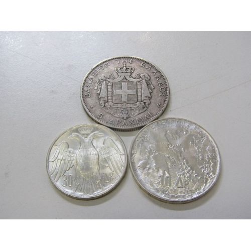 38 - 1876-A Greece George I silver 5 Drachmai, 24.7 grams of .900 fineness; 1963 Greece Paul I silver 30 ... 