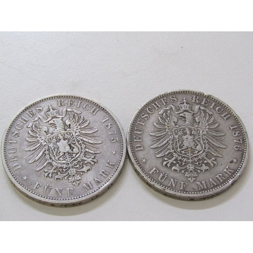 40 - 1875-B Prussia Wilhelm I silver 5 Mark, 27.7 grams of .900 fineness; 1876 Kingdom of Württemberg Kar... 
