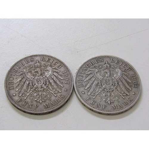 42 - 1902-D Bavaria Otto silver 5 Mark, 27.7 grams of .900 fineness; 1907-A Prussia Wilhelm II silver 5 M... 