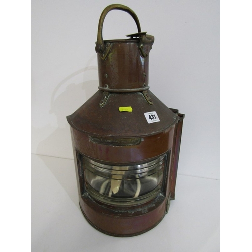 431 - SHIP'S LAMP, a starboard lamp by Anderson and Grier 1943, with copper body, 40cm height  converted t... 