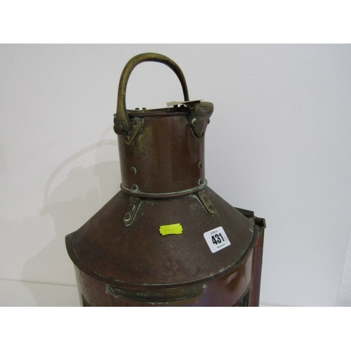 431 - SHIP'S LAMP, a starboard lamp by Anderson and Grier 1943, with copper body, 40cm height  converted t... 