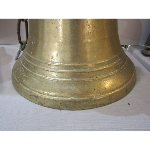 438 - BRONZE SHIP'S BELL, a heavy bronze ship's bell with original clapper and steel hanging chain. 32cm h... 