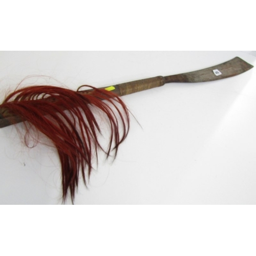 443 - ANTIQUE WEAPON, antique machete with metal blade and wooden handle, with coloured hair tassles, 81cm... 