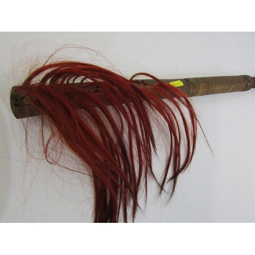 443 - ANTIQUE WEAPON, antique machete with metal blade and wooden handle, with coloured hair tassles, 81cm... 