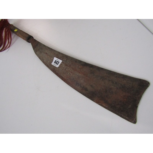 443 - ANTIQUE WEAPON, antique machete with metal blade and wooden handle, with coloured hair tassles, 81cm... 