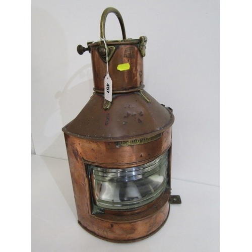 457 - SHIP'S LAMP, a copper ship's 'bow/starboard' lamp by Alderson and Gyde 1944, 41cm height
