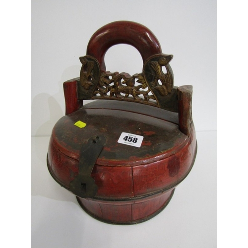 458 - CHINESE LACQUER BASKET, a vintage Chinese red lacquer wood wedding (or food) basket with ornate carv... 