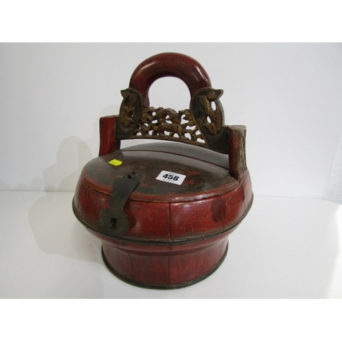 458 - CHINESE LACQUER BASKET, a vintage Chinese red lacquer wood wedding (or food) basket with ornate carv... 