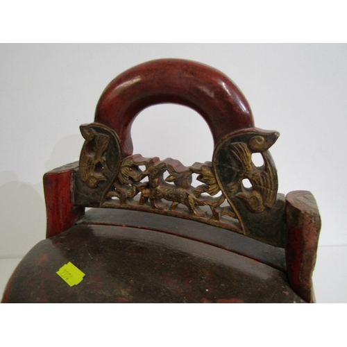 458 - CHINESE LACQUER BASKET, a vintage Chinese red lacquer wood wedding (or food) basket with ornate carv... 