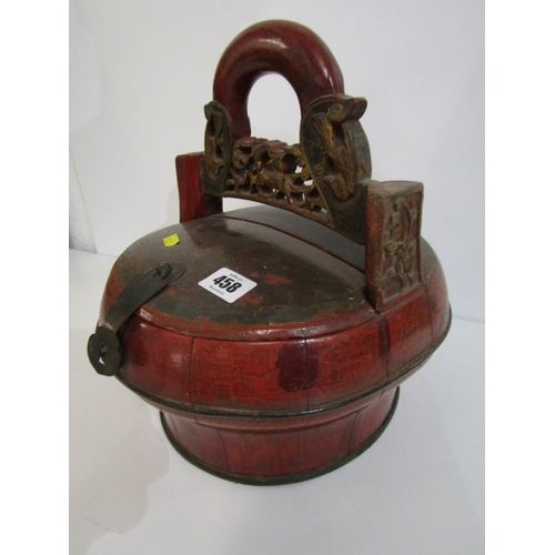 458 - CHINESE LACQUER BASKET, a vintage Chinese red lacquer wood wedding (or food) basket with ornate carv... 