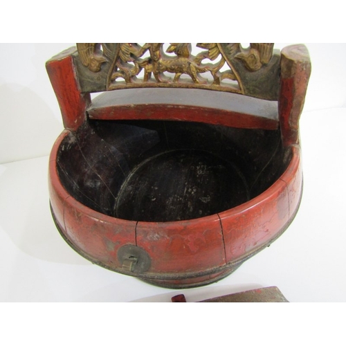 458 - CHINESE LACQUER BASKET, a vintage Chinese red lacquer wood wedding (or food) basket with ornate carv... 