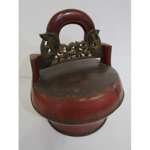 458 - CHINESE LACQUER BASKET, a vintage Chinese red lacquer wood wedding (or food) basket with ornate carv... 