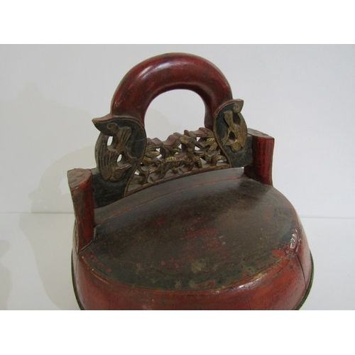 458 - CHINESE LACQUER BASKET, a vintage Chinese red lacquer wood wedding (or food) basket with ornate carv... 