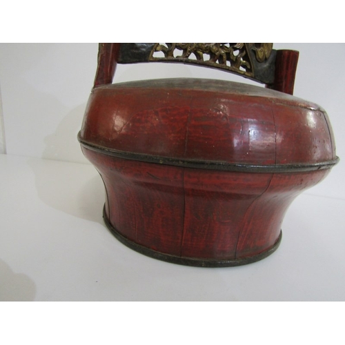 458 - CHINESE LACQUER BASKET, a vintage Chinese red lacquer wood wedding (or food) basket with ornate carv... 