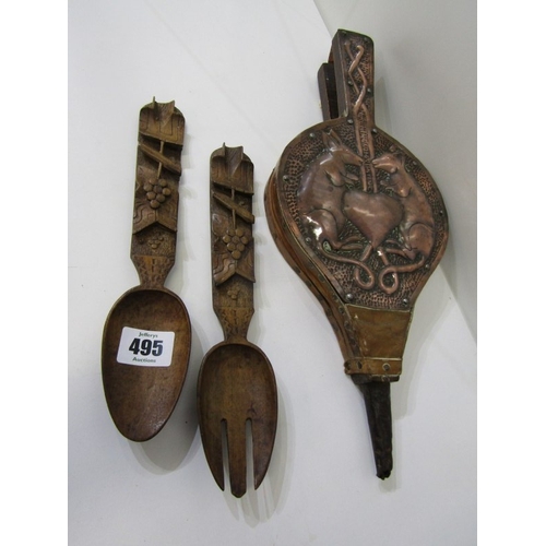 495 - OLD BELLOWS, a set of vintage wooden bellows with copper front panel decorated with 2 mice in relief... 