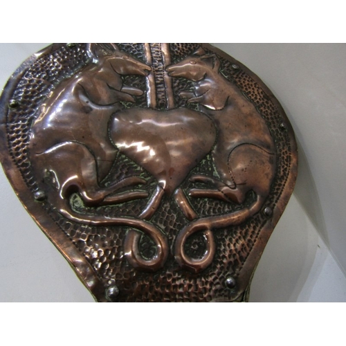 495 - OLD BELLOWS, a set of vintage wooden bellows with copper front panel decorated with 2 mice in relief... 