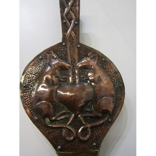 495 - OLD BELLOWS, a set of vintage wooden bellows with copper front panel decorated with 2 mice in relief... 
