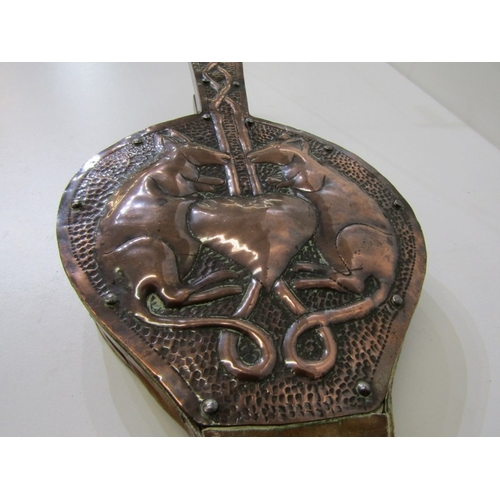 495 - OLD BELLOWS, a set of vintage wooden bellows with copper front panel decorated with 2 mice in relief... 