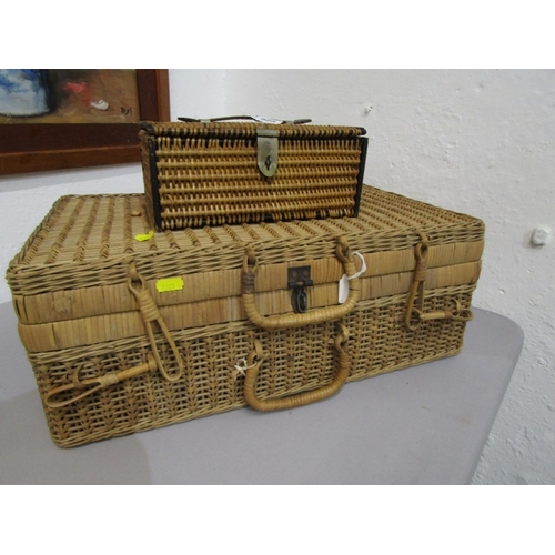 523 - PICNIC BASKET, Vintage wicker picnic basket with metal clasp, 52 cm x 34 cm, together with a smaller... 