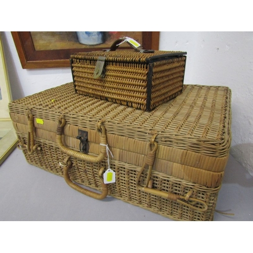 523 - PICNIC BASKET, Vintage wicker picnic basket with metal clasp, 52 cm x 34 cm, together with a smaller... 