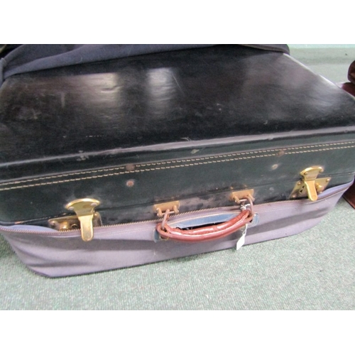 524 - LUGGAGE, An old leather suitcase with leather carrying handle with brass catches and mounts, owners ... 