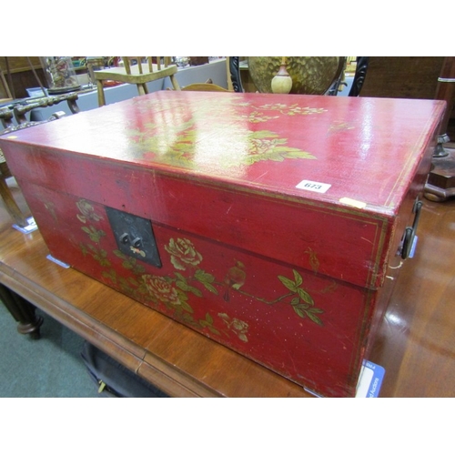 673 - ORIENTAL TRUNK, a Chinese red lacquered trunk, elaborately decorated with birds and flowers, with a ... 