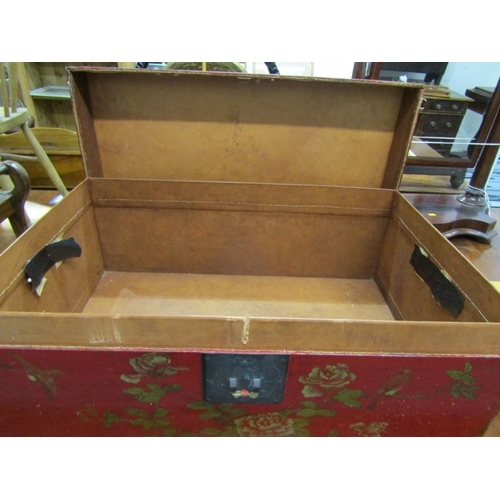 673 - ORIENTAL TRUNK, a Chinese red lacquered trunk, elaborately decorated with birds and flowers, with a ... 