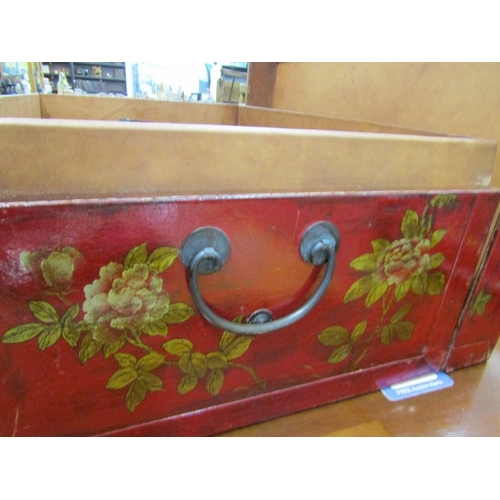 673 - ORIENTAL TRUNK, a Chinese red lacquered trunk, elaborately decorated with birds and flowers, with a ... 