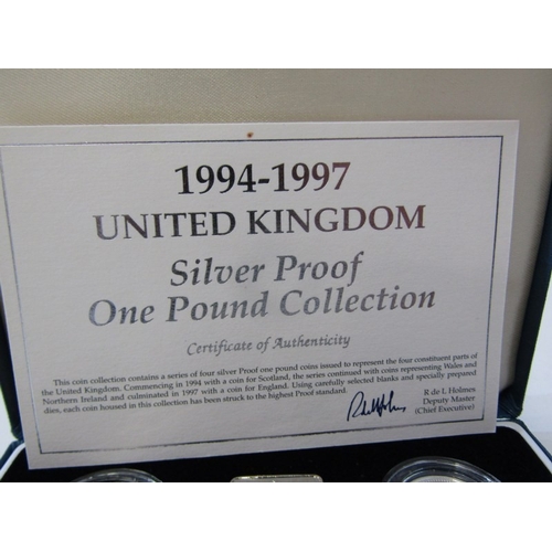 17 - 1994-97 UK silver proof one pound 4-coin set, depicting 4-nations emblems, each £1 coin 9.5 grams of... 