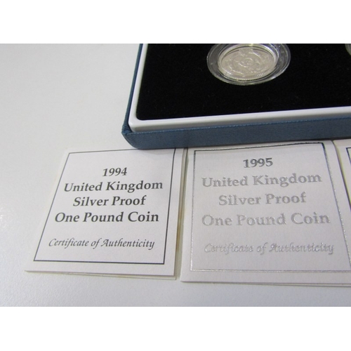 17 - 1994-97 UK silver proof one pound 4-coin set, depicting 4-nations emblems, each £1 coin 9.5 grams of... 