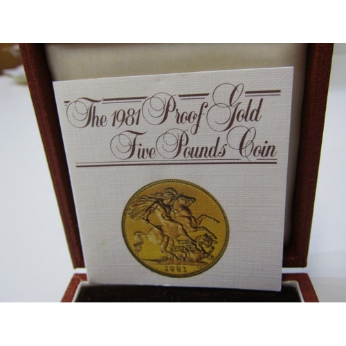 29 - 1981 Gold Proof five pounds, capsuled in Royal Mint presentation case with CoA, 39.94 grams of 22 ca... 