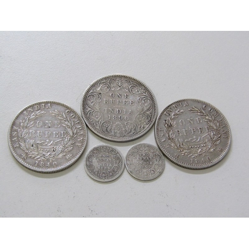 46 - Victorian silver Rupees: 1840 East India Company x 2 & 1890 together with 1889/1897 2 Annas in mixed... 