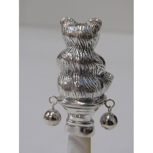 73 - CHILD'S SILVER TEETHER, novelty silver teether in the form of a teddy bear, with mother of pearl han... 