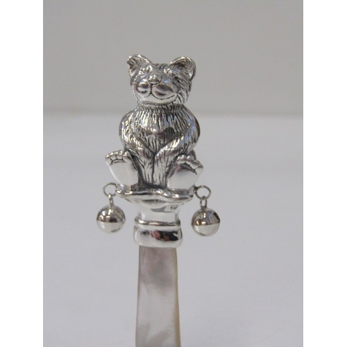 73 - CHILD'S SILVER TEETHER, novelty silver teether in the form of a teddy bear, with mother of pearl han... 