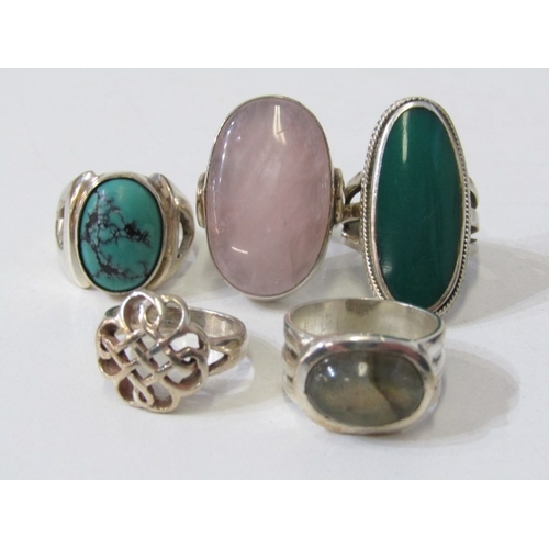 112 - STONE SET SILVER RINGS, 5 assorted silver rings, 4 stone set with oval semi precious stones, the oth... 