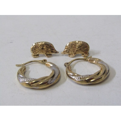 15 - GOLD EARRINGS, pair of 9ct yellow gold creole style earrings, together with a pair of hedgehog desig... 